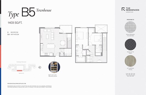 Floor plan for 2 beds, 2.5 baths, 1403 sqft